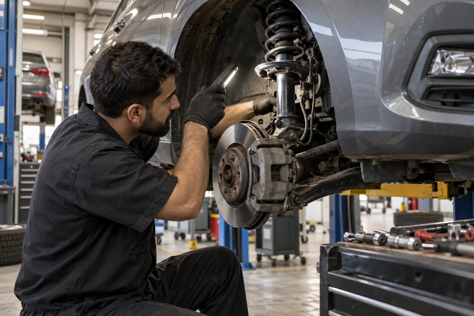 Mechanic checking a suspension strut on a car raised in a workshop