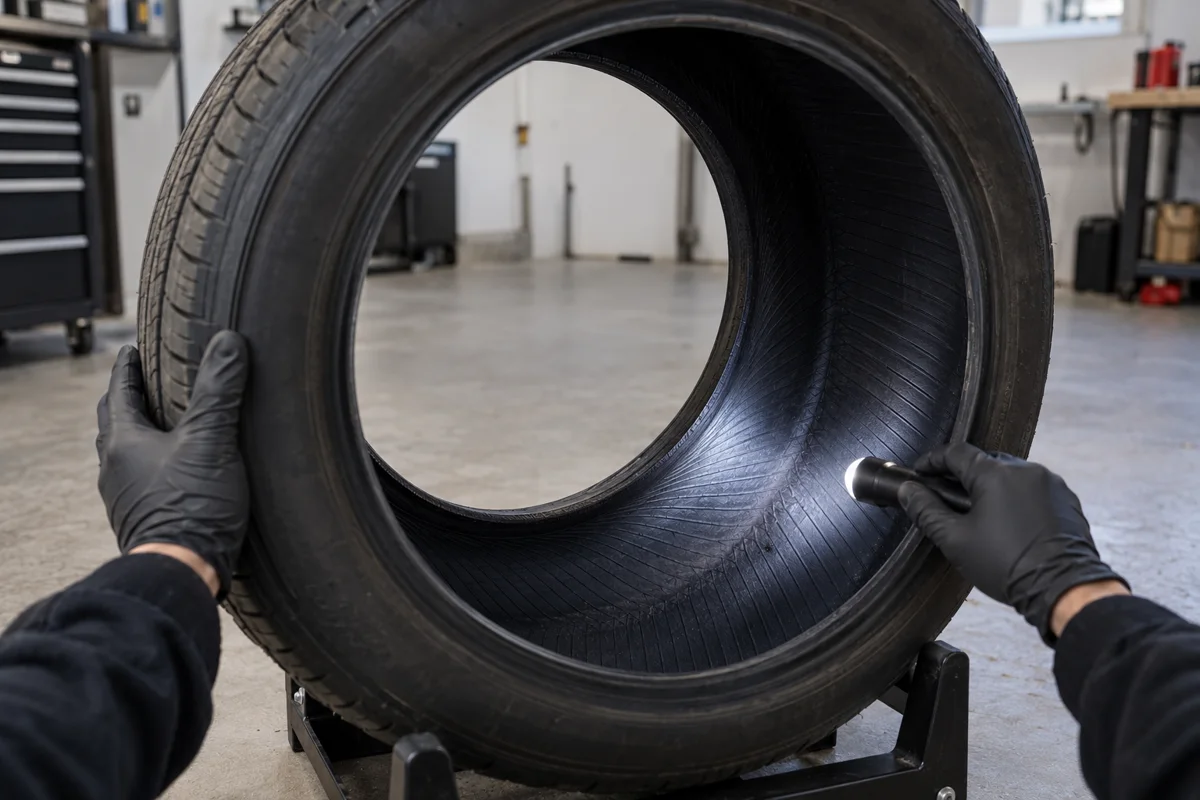 Gloved hands using a flashlight to examine the inner liner of a tire removed from its wheel