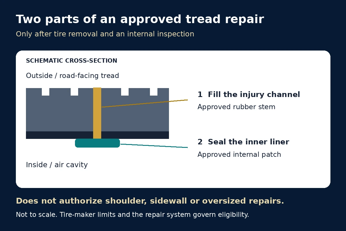 Cross-section showing the rubber stem filling the injury channel and the patch sealing the inner liner