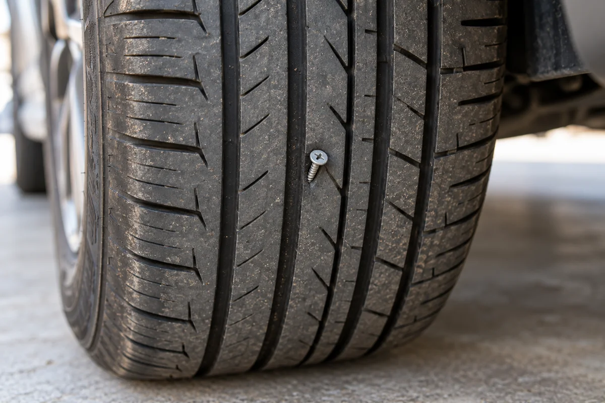 Small screw lodged in the central tread of a passenger car tire