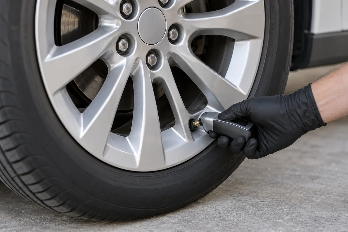 Handheld pressure gauge connected to the valve of a stationary car wheel