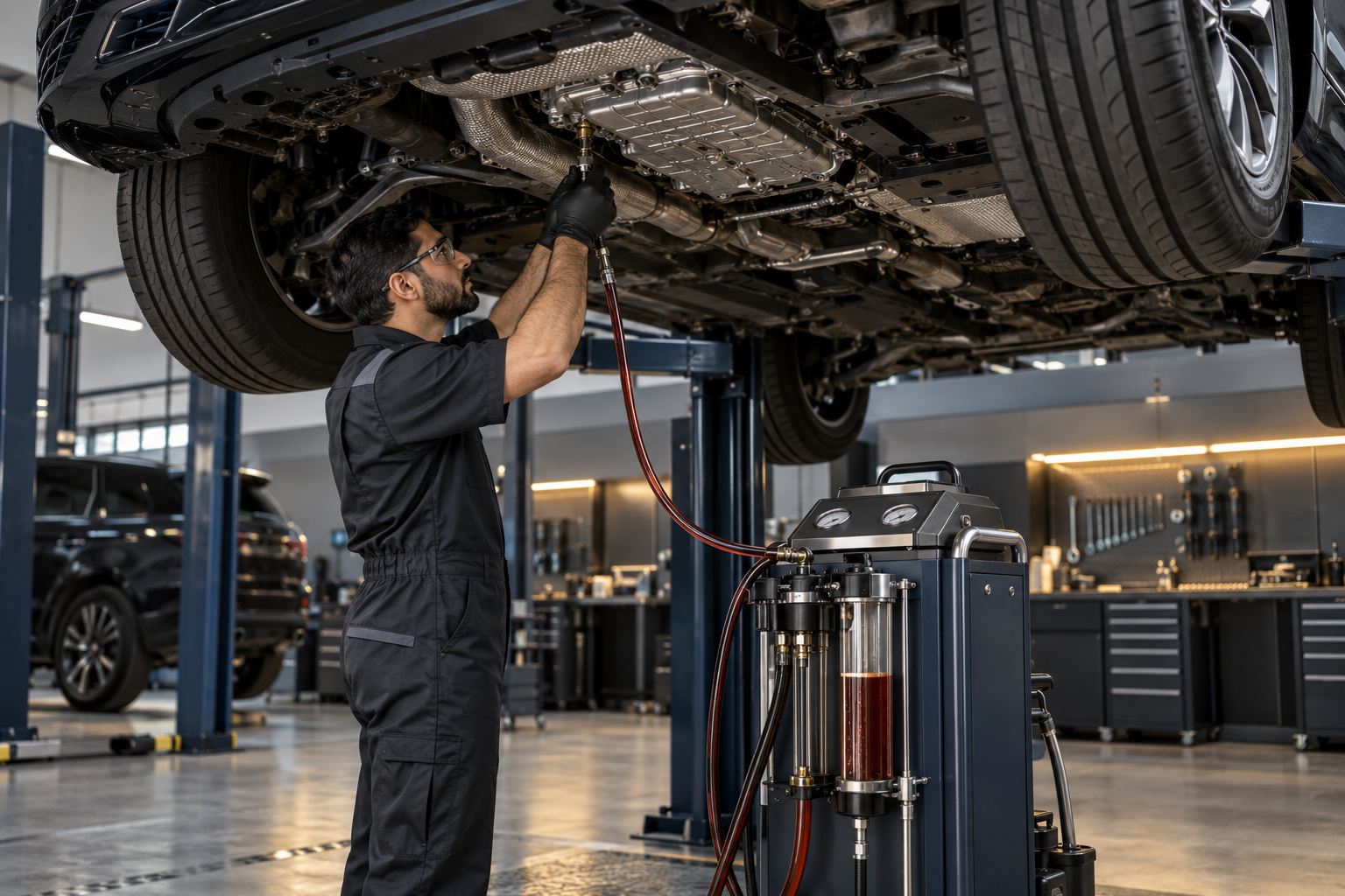Technician performing a controlled transmission fluid service