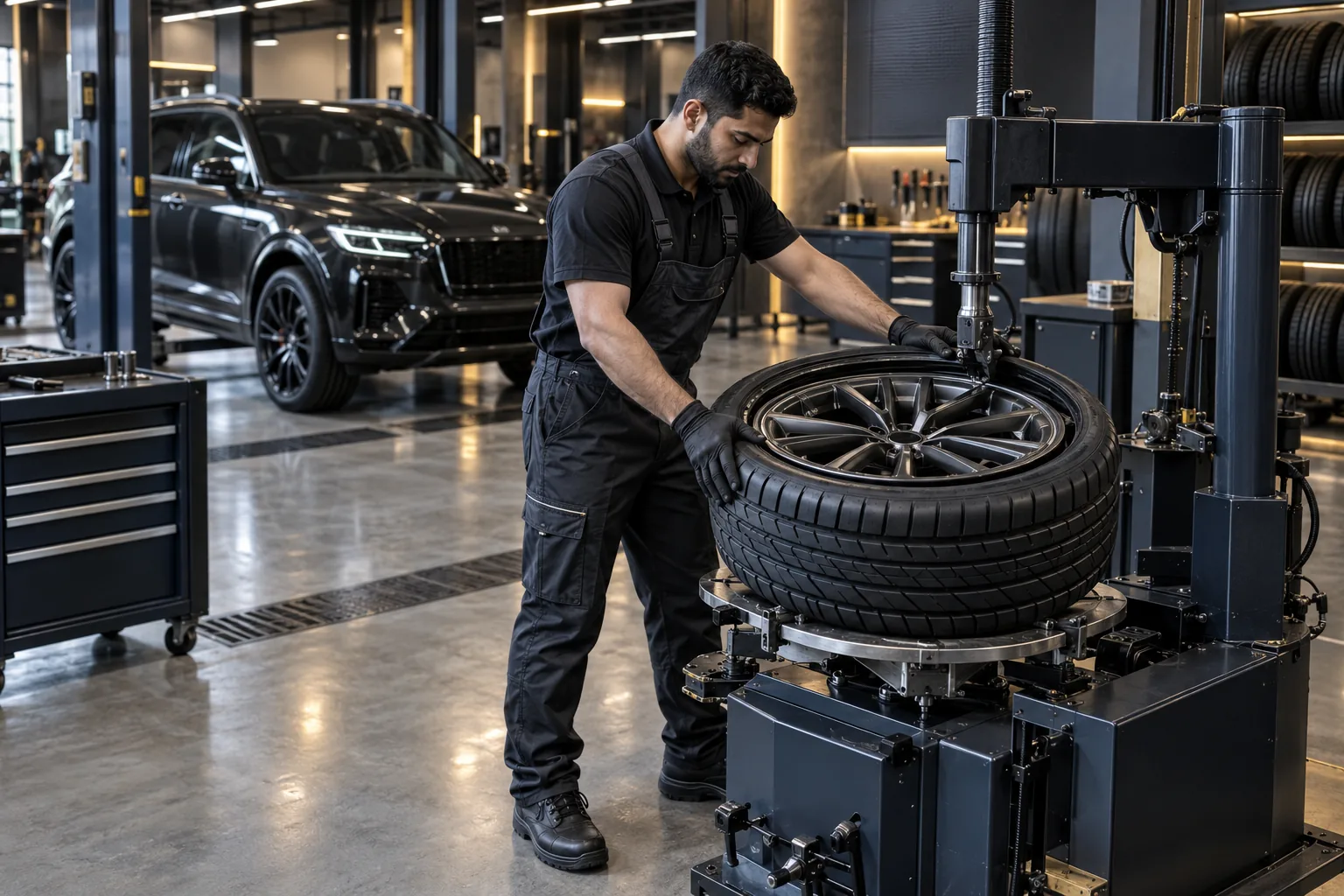 Technician mounting a passenger car tyre on a wheel at the workshop