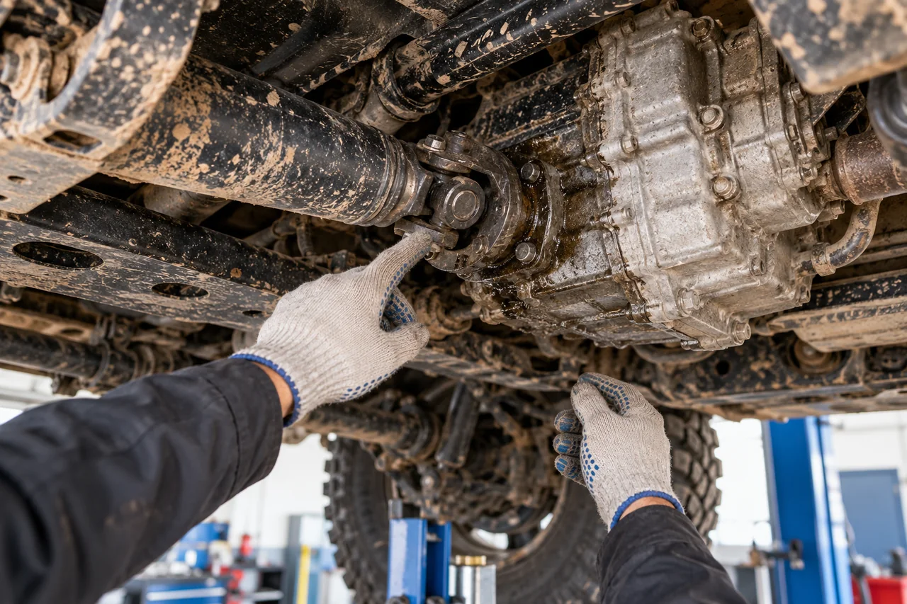 Gloved hands checking a propshaft joint and transfer-case area under a four-wheel-drive vehicle