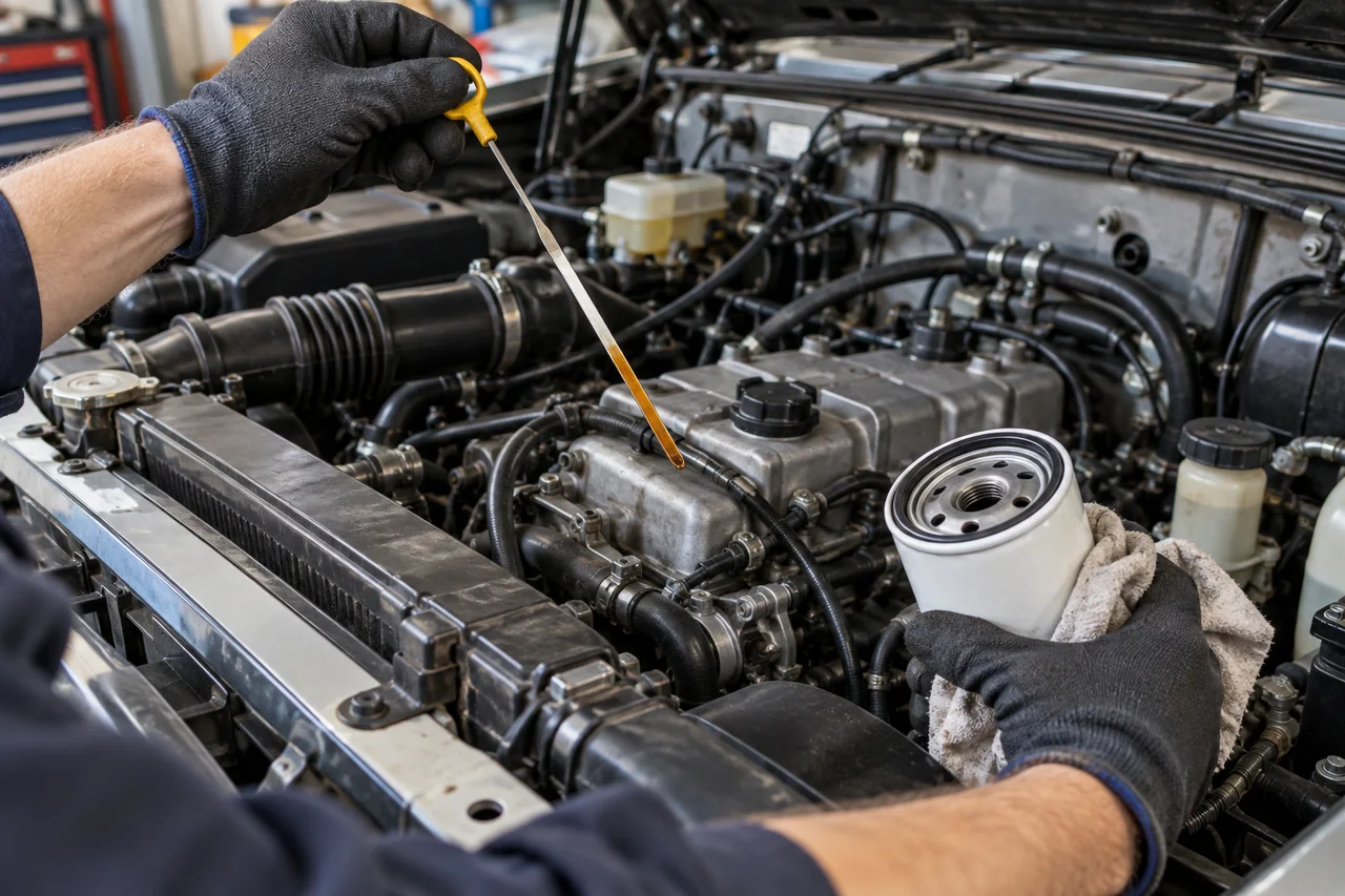 Technician checking oil and a filter in a utility vehicle engine bay
