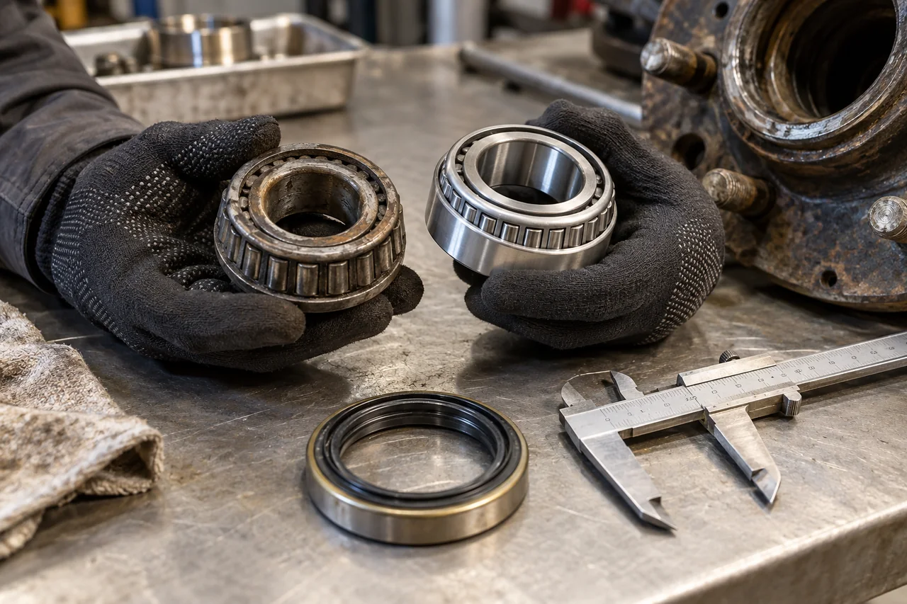 Technician comparing an old bearing with a replacement beside a measuring caliper