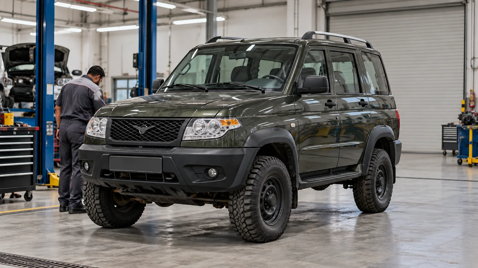 UAZ-style four-wheel-drive vehicle in a workshop setting