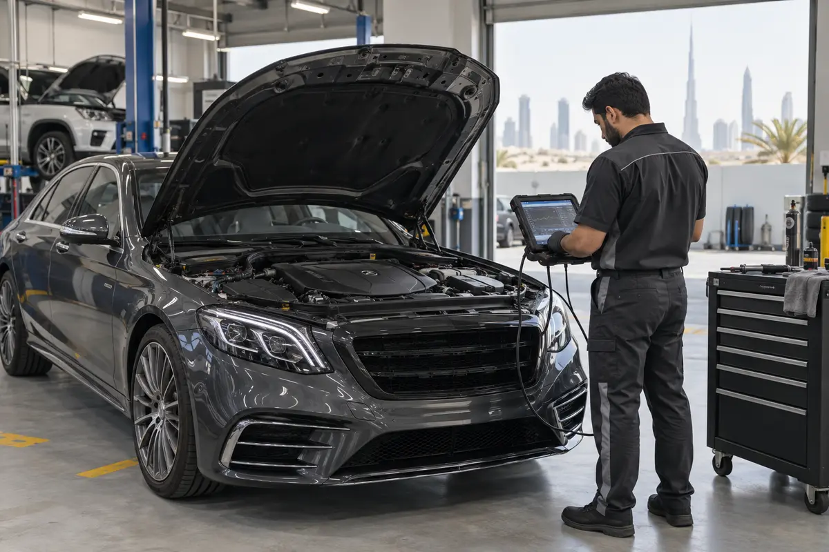 Technician completing a used luxury car diagnostic scan in Dubai