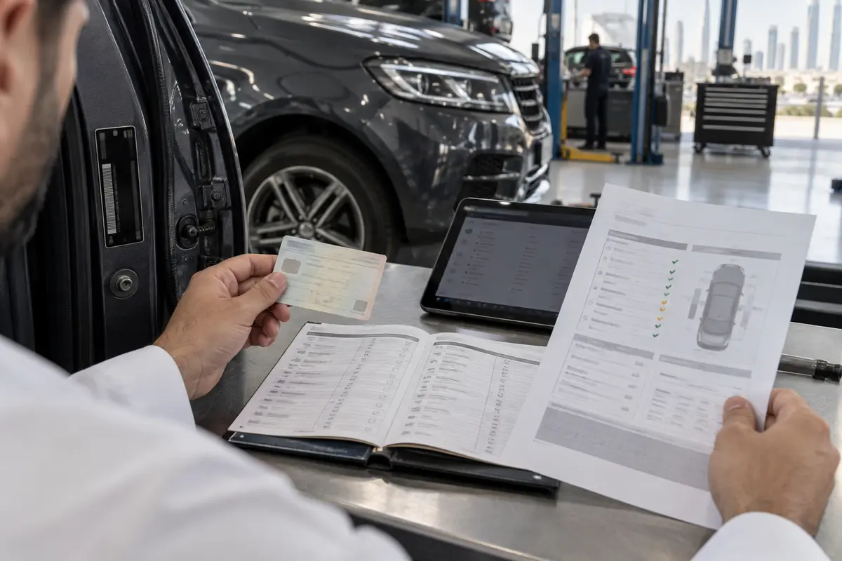 Buyer checking vehicle history and documents before financing a used car