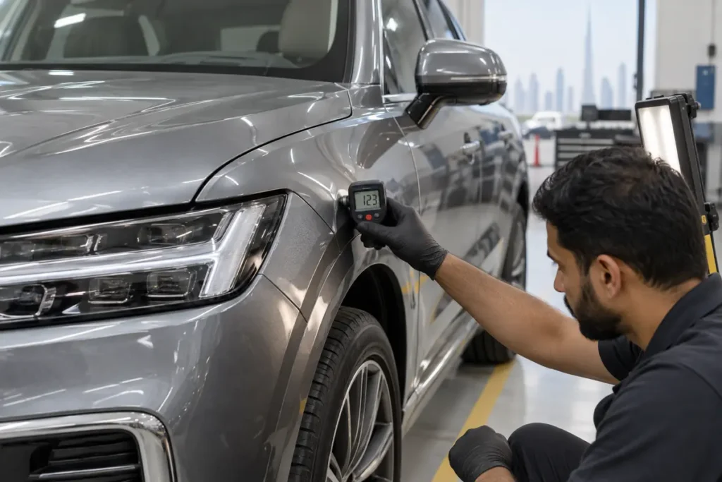 Paint-depth inspection used to identify prior repair on a Nissan Kicks