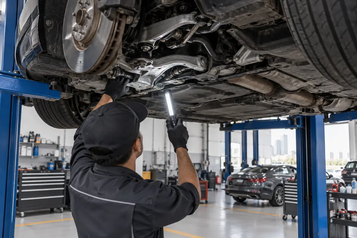 Underbody and suspension inspection of a used luxury car