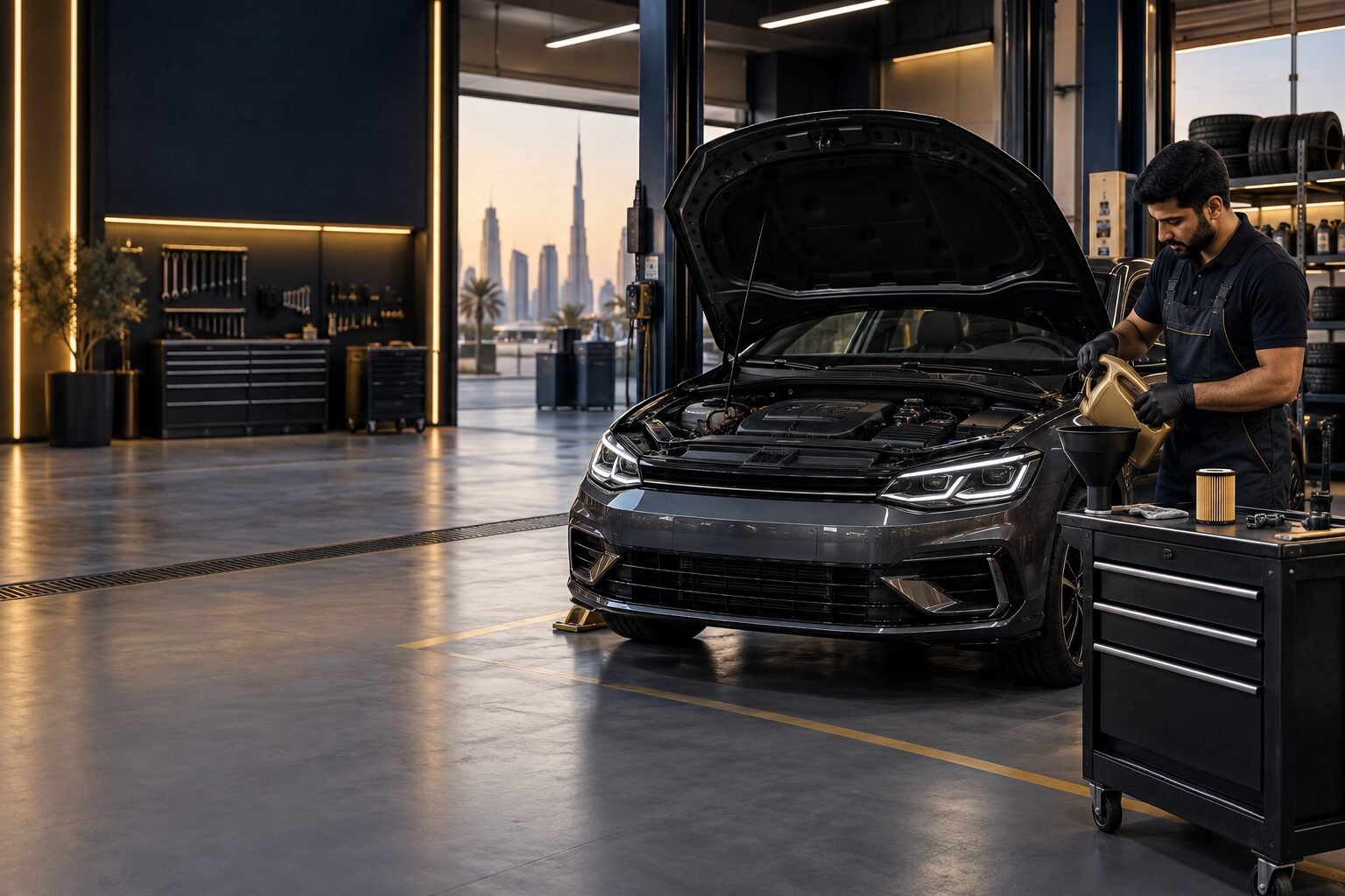 Volkswagen oil change performed in a premium Dubai workshop