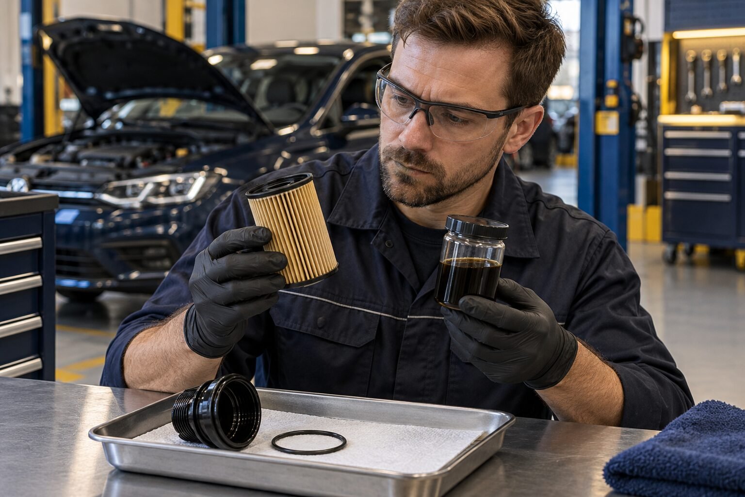 Technician inspecting Volkswagen engine oil and cartridge filter