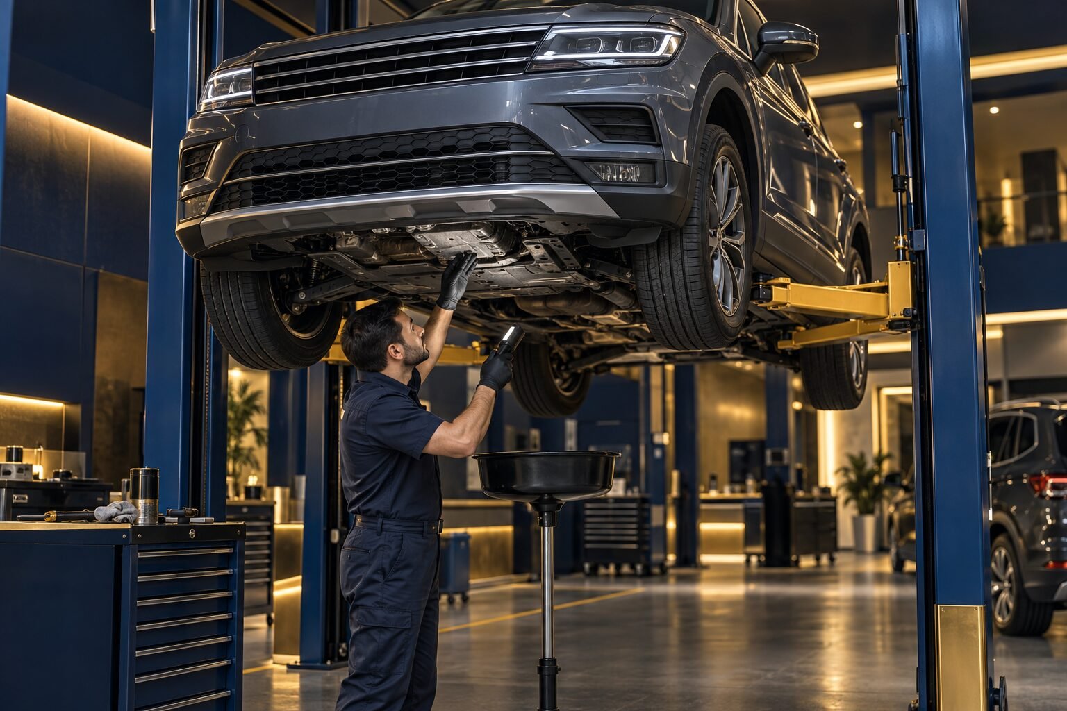 Technician checking the oil pan and underbody during Volkswagen oil service