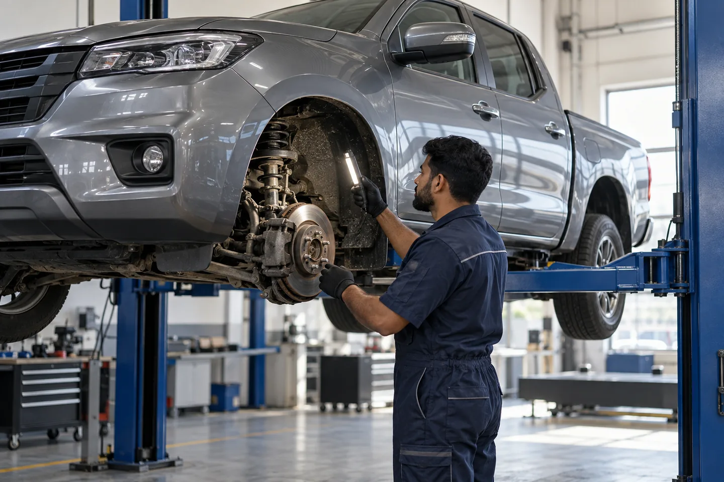 Illustrative pickup brake and suspension inspection inside a workshop