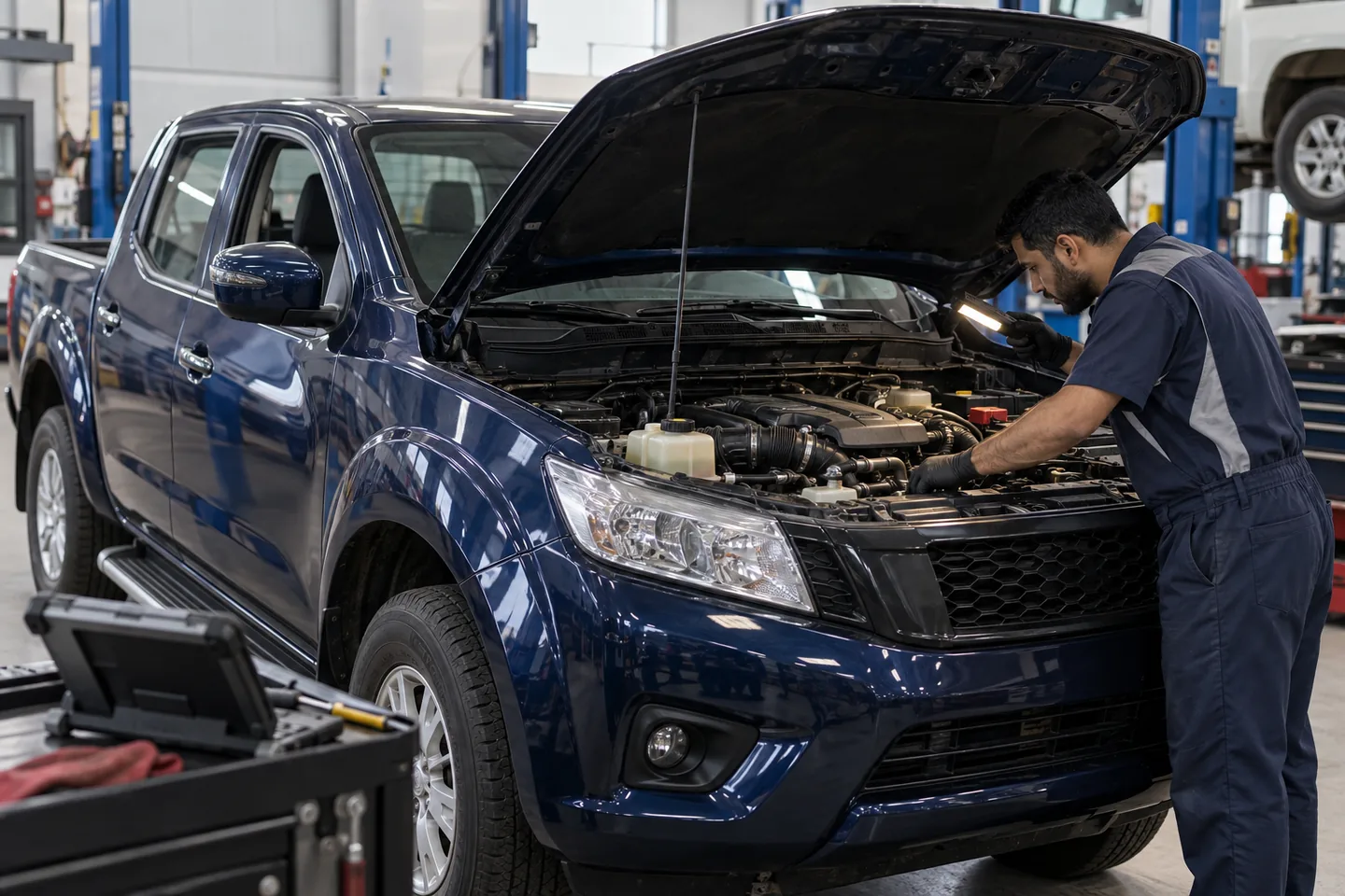 Illustrative pickup engine-bay inspection in a workshop
